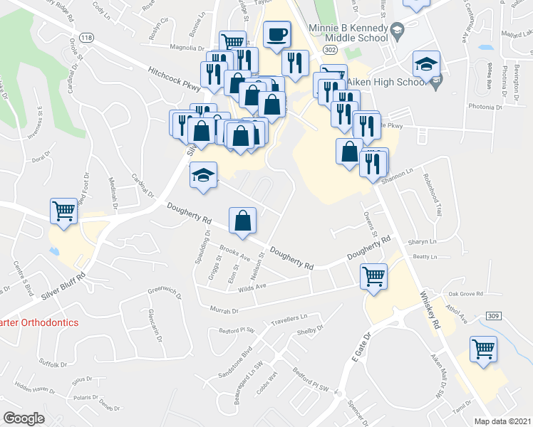 map of restaurants, bars, coffee shops, grocery stores, and more near 103 Kelly Drive in Aiken