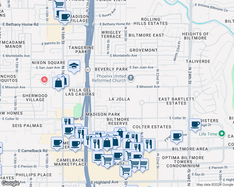 map of restaurants, bars, coffee shops, grocery stores, and more near 1939 East Missouri Avenue in Phoenix
