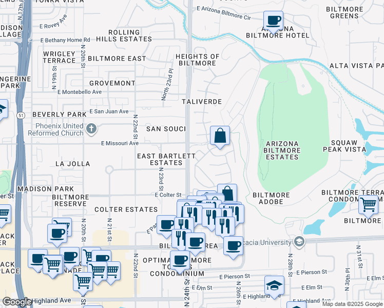 map of restaurants, bars, coffee shops, grocery stores, and more near in Phoenix