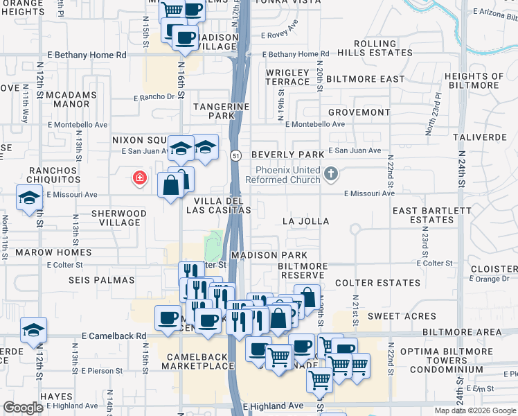 map of restaurants, bars, coffee shops, grocery stores, and more near 5323 North 18th Street in Phoenix