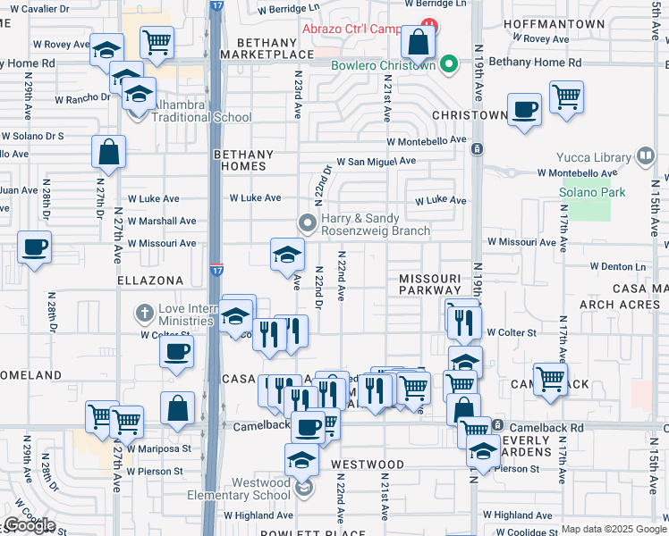 map of restaurants, bars, coffee shops, grocery stores, and more near 5325 North 22nd Drive in Phoenix