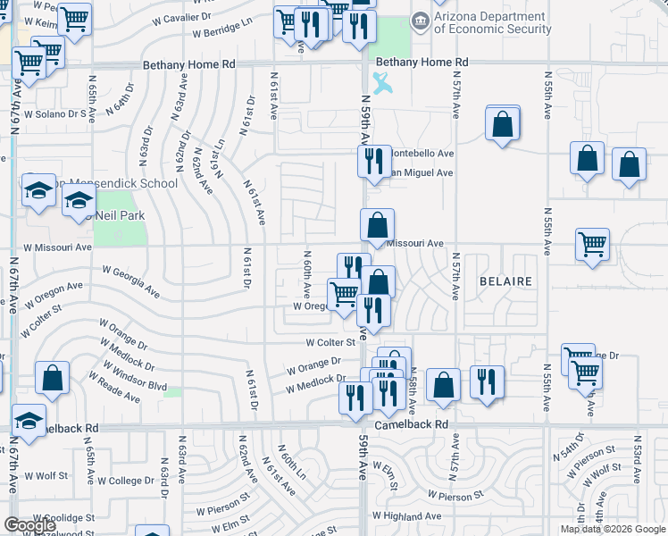 map of restaurants, bars, coffee shops, grocery stores, and more near 5919 West Missouri Avenue in Glendale