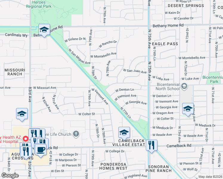map of restaurants, bars, coffee shops, grocery stores, and more near 5455 North 77th Drive in Glendale