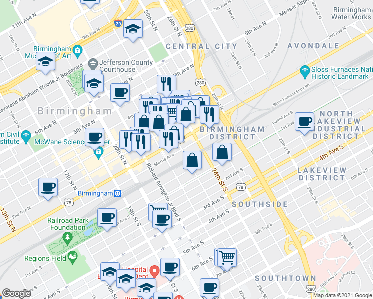 map of restaurants, bars, coffee shops, grocery stores, and more near 2311 Morris Avenue in Birmingham