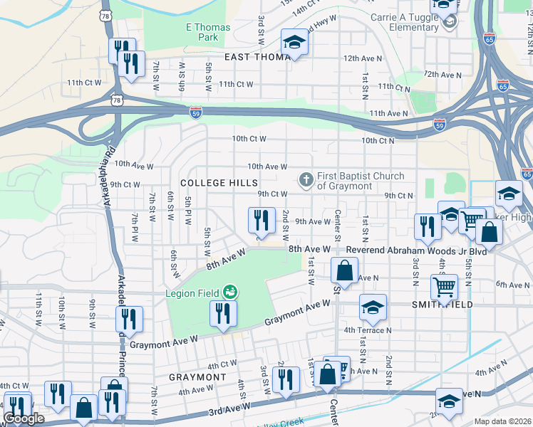 map of restaurants, bars, coffee shops, grocery stores, and more near 918 3rd Street West in Birmingham