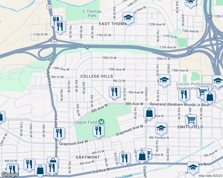 map of restaurants, bars, coffee shops, grocery stores, and more near 918 3rd Street West in Birmingham