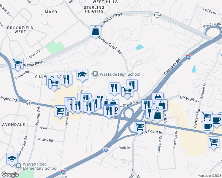 map of restaurants, bars, coffee shops, grocery stores, and more near 2 Macaulay Place in Augusta