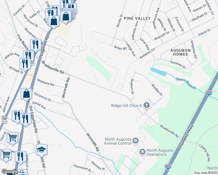 map of restaurants, bars, coffee shops, grocery stores, and more near 208-222 Carriage Lane in North Augusta