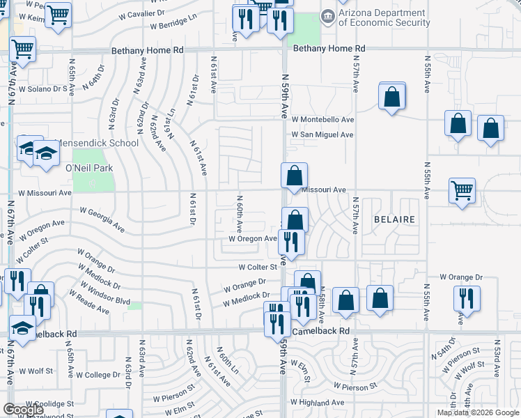 map of restaurants, bars, coffee shops, grocery stores, and more near 5919 West Missouri Avenue in Glendale