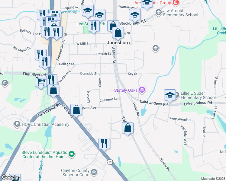 map of restaurants, bars, coffee shops, grocery stores, and more near 182 South Main Street in Jonesboro