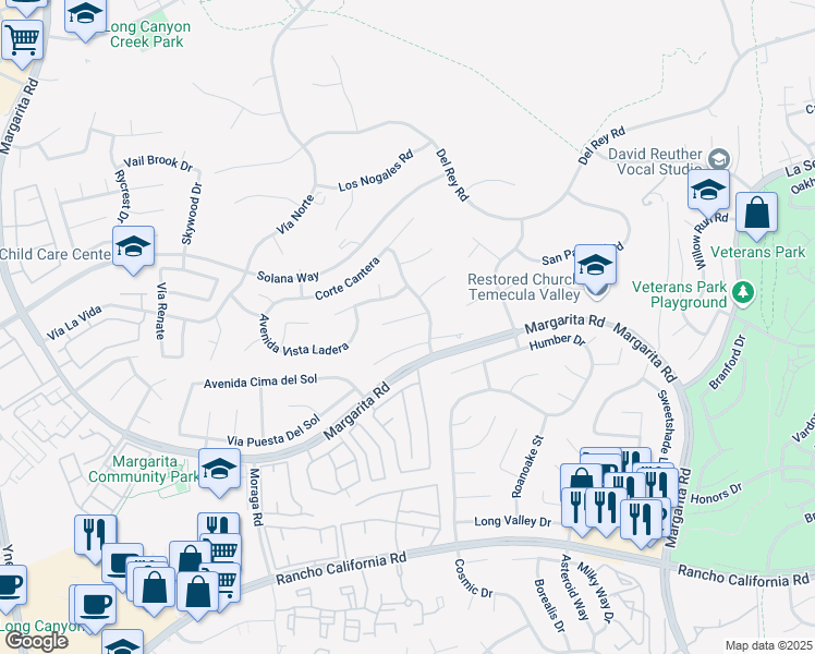 map of restaurants, bars, coffee shops, grocery stores, and more near 30127 Corte Carrizo in Temecula