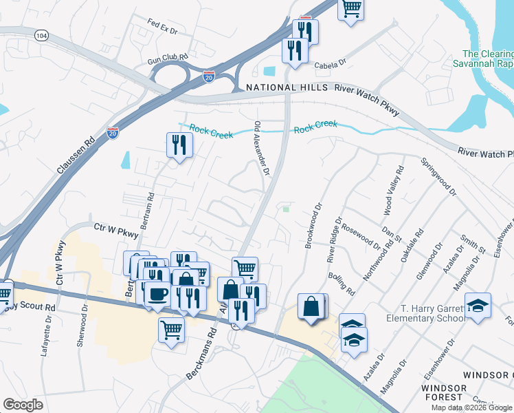 map of restaurants, bars, coffee shops, grocery stores, and more near 2806 Brickrun Way in Augusta