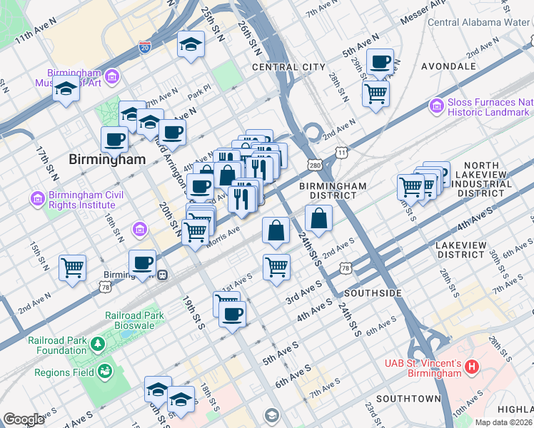 map of restaurants, bars, coffee shops, grocery stores, and more near 2311 Morris Avenue in Birmingham
