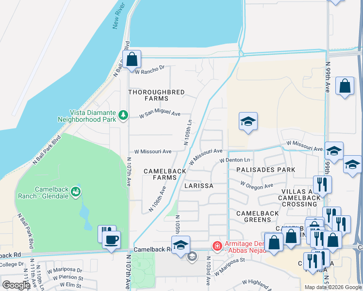 map of restaurants, bars, coffee shops, grocery stores, and more near 5502 North 105th Lane in Glendale