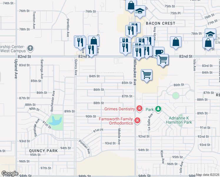 map of restaurants, bars, coffee shops, grocery stores, and more near 6546 86th Street in Lubbock