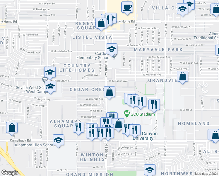 map of restaurants, bars, coffee shops, grocery stores, and more near 5317 North 35th Avenue in Phoenix