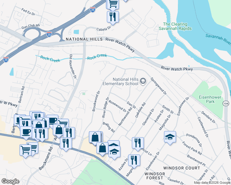 map of restaurants, bars, coffee shops, grocery stores, and more near 1202 River Ridge Drive in Augusta