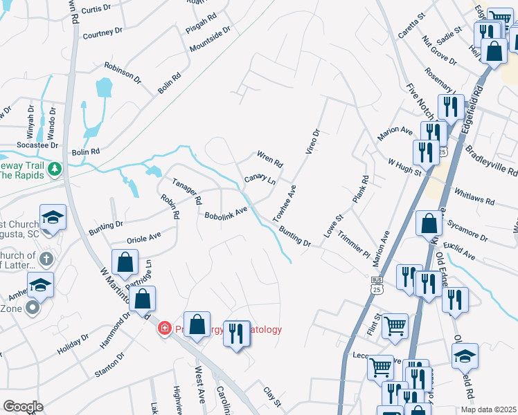 map of restaurants, bars, coffee shops, grocery stores, and more near 1942 Bunting Drive in North Augusta