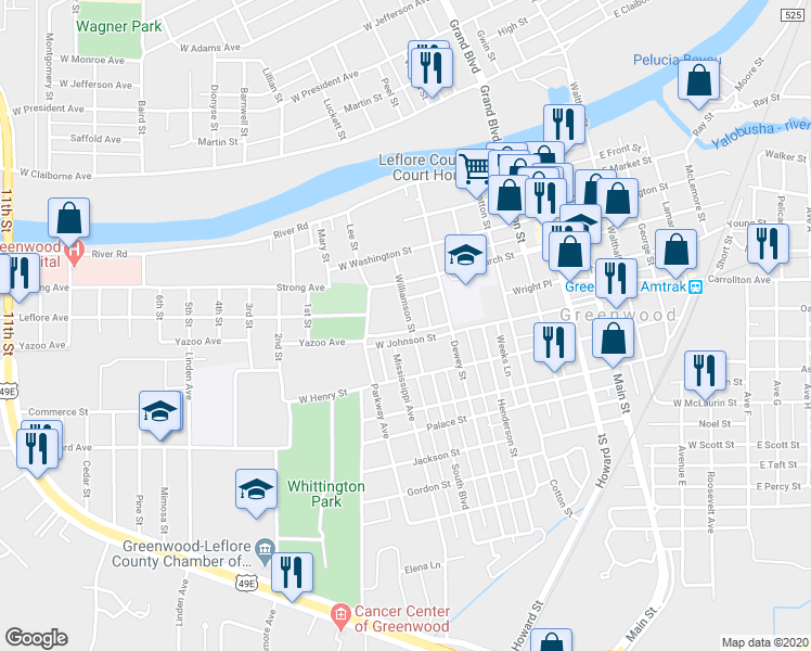 map of restaurants, bars, coffee shops, grocery stores, and more near 700 Montjoy Street in Greenwood