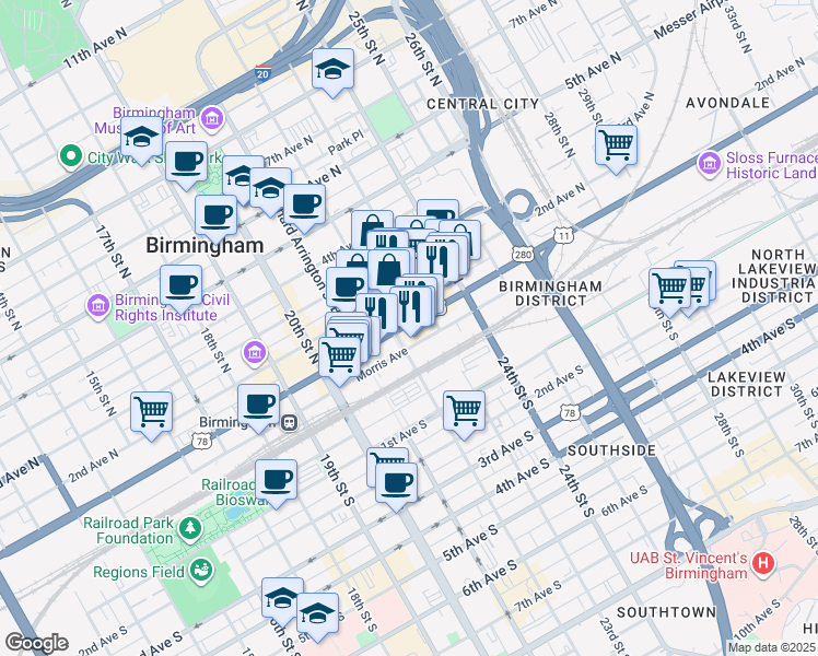 map of restaurants, bars, coffee shops, grocery stores, and more near 2219 1st Avenue North in Birmingham