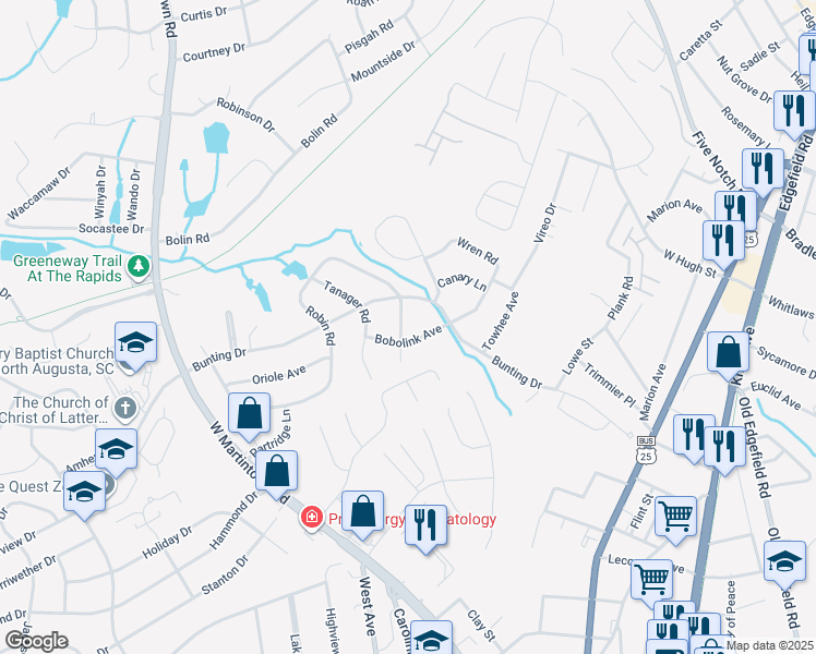 map of restaurants, bars, coffee shops, grocery stores, and more near 2007 Robin Road in North Augusta