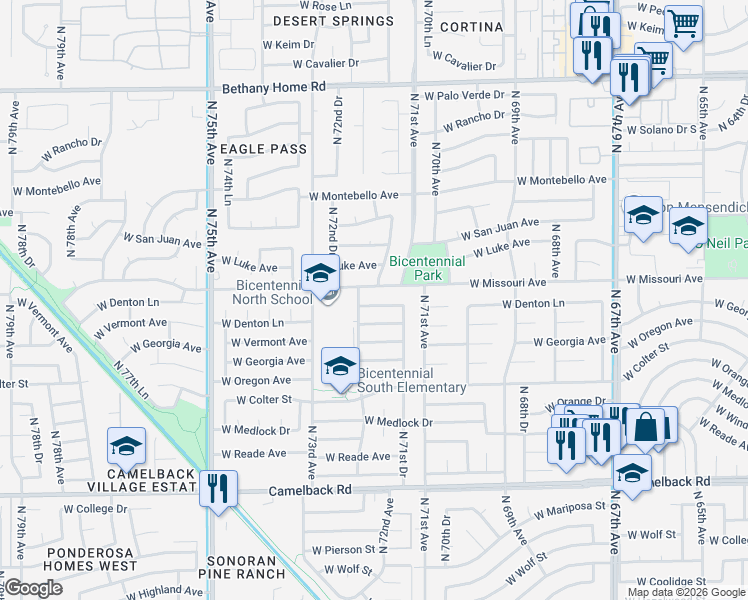map of restaurants, bars, coffee shops, grocery stores, and more near 7142 W Denton Ln in Glendale