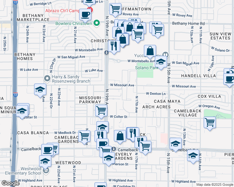 map of restaurants, bars, coffee shops, grocery stores, and more near 5323 North 19th Avenue in Phoenix
