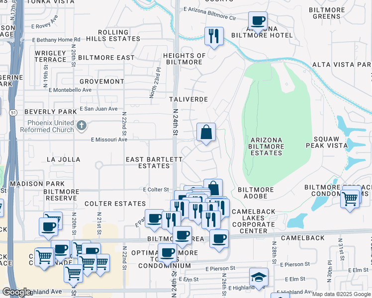 map of restaurants, bars, coffee shops, grocery stores, and more near 5442 North 25th Street in Phoenix