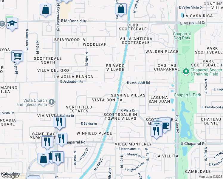map of restaurants, bars, coffee shops, grocery stores, and more near 5314 North Woodmere Fairway in Scottsdale