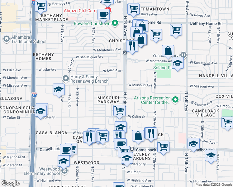 map of restaurants, bars, coffee shops, grocery stores, and more near 1923 West Denton Lane in Phoenix