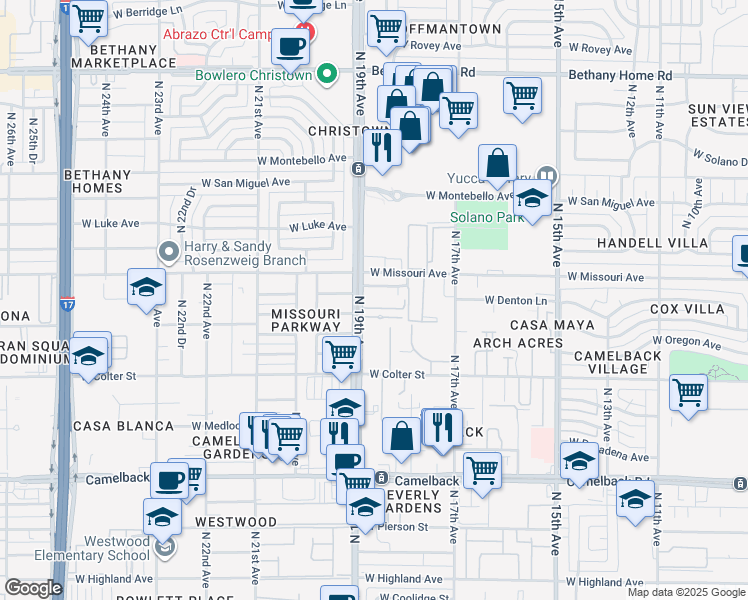 map of restaurants, bars, coffee shops, grocery stores, and more near 5323 North 19th Avenue in Phoenix