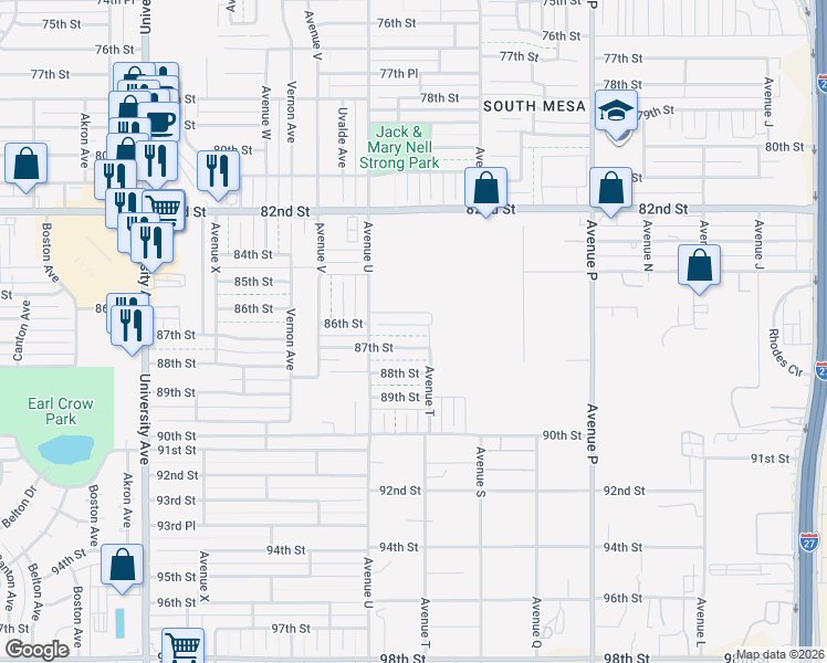 map of restaurants, bars, coffee shops, grocery stores, and more near 2007 86th Street in Lubbock
