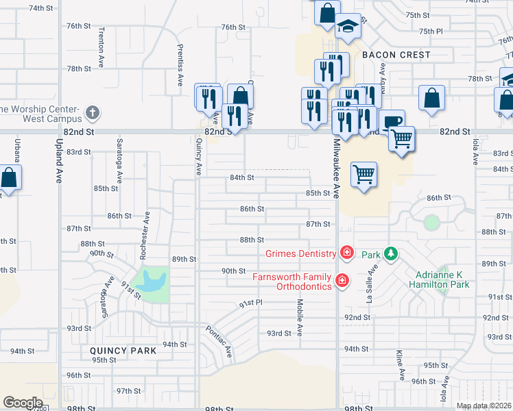 map of restaurants, bars, coffee shops, grocery stores, and more near 6710 86th Street in Lubbock