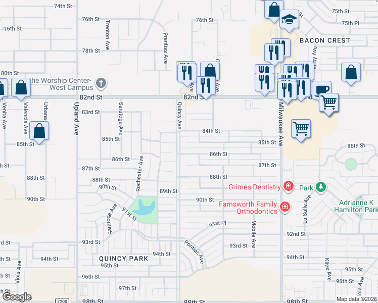 map of restaurants, bars, coffee shops, grocery stores, and more near 6816 86th Street in Lubbock