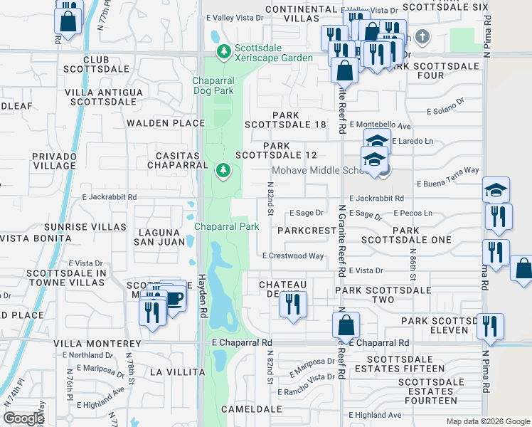 map of restaurants, bars, coffee shops, grocery stores, and more near 5419 North 82nd Street in Scottsdale