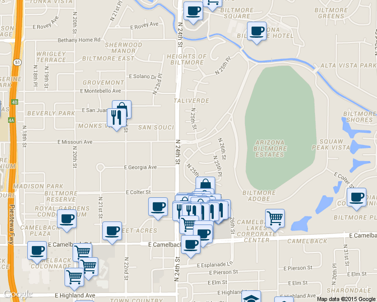 map of restaurants, bars, coffee shops, grocery stores, and more near 5442 North 25th Street in Phoenix