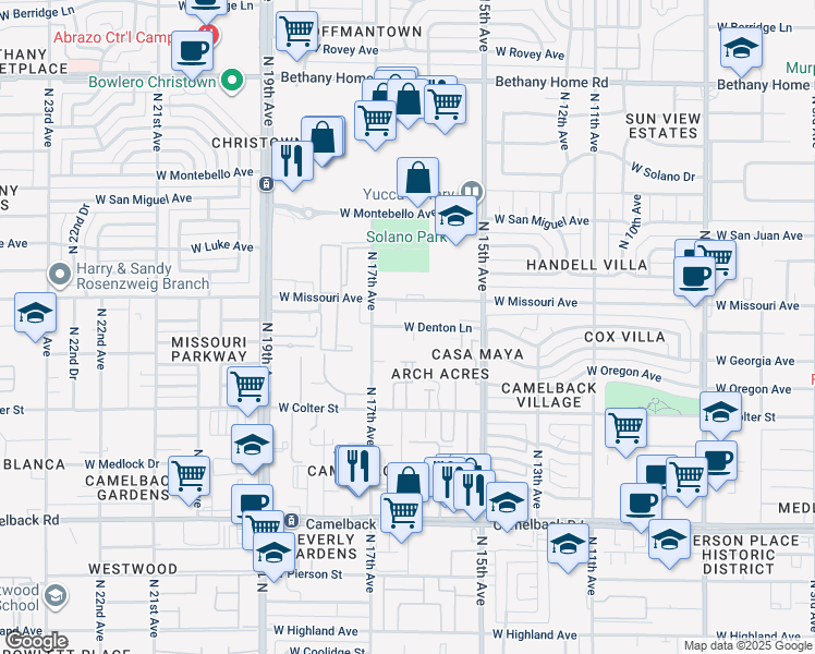 map of restaurants, bars, coffee shops, grocery stores, and more near 1548 West Denton Lane in Phoenix
