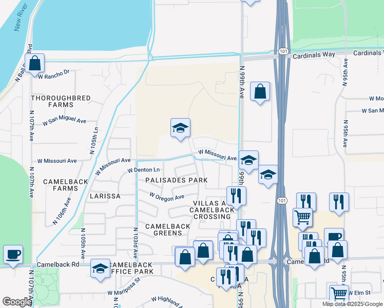 map of restaurants, bars, coffee shops, grocery stores, and more near 10255 North 101st Avenue in Glendale