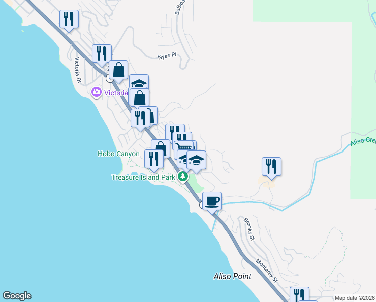map of restaurants, bars, coffee shops, grocery stores, and more near 30772 Marilyn Drive in Laguna Beach