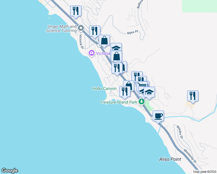map of restaurants, bars, coffee shops, grocery stores, and more near 88 Blue Lagoon in Laguna Beach