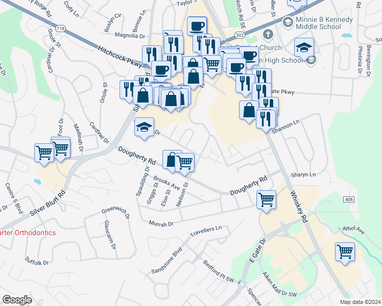 map of restaurants, bars, coffee shops, grocery stores, and more near 100 Kelly Drive in Aiken