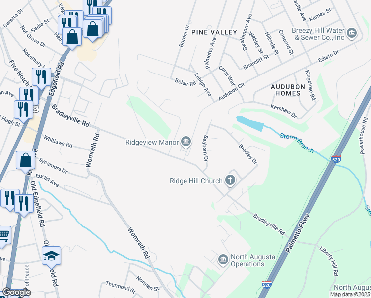map of restaurants, bars, coffee shops, grocery stores, and more near 419 Bradleyville Road in North Augusta