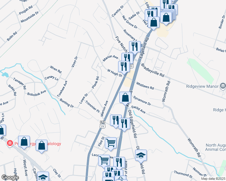 map of restaurants, bars, coffee shops, grocery stores, and more near 1740 Georgia Avenue in North Augusta