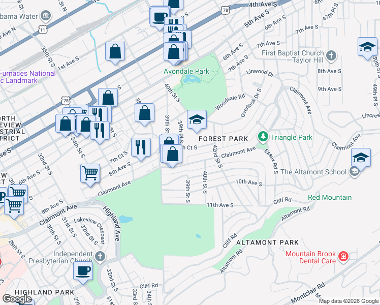 map of restaurants, bars, coffee shops, grocery stores, and more near 3987 8th Court South in Birmingham