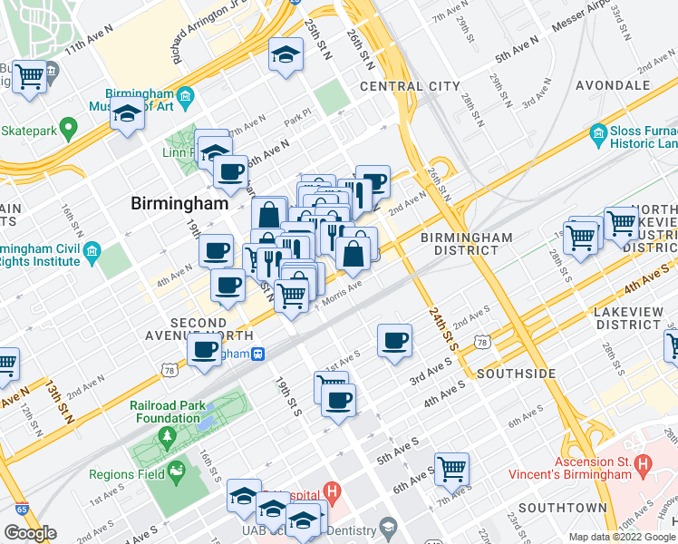 map of restaurants, bars, coffee shops, grocery stores, and more near 2126 1st Avenue North in Birmingham