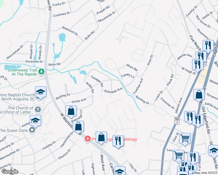 map of restaurants, bars, coffee shops, grocery stores, and more near 2007 Robin Rd in North Augusta