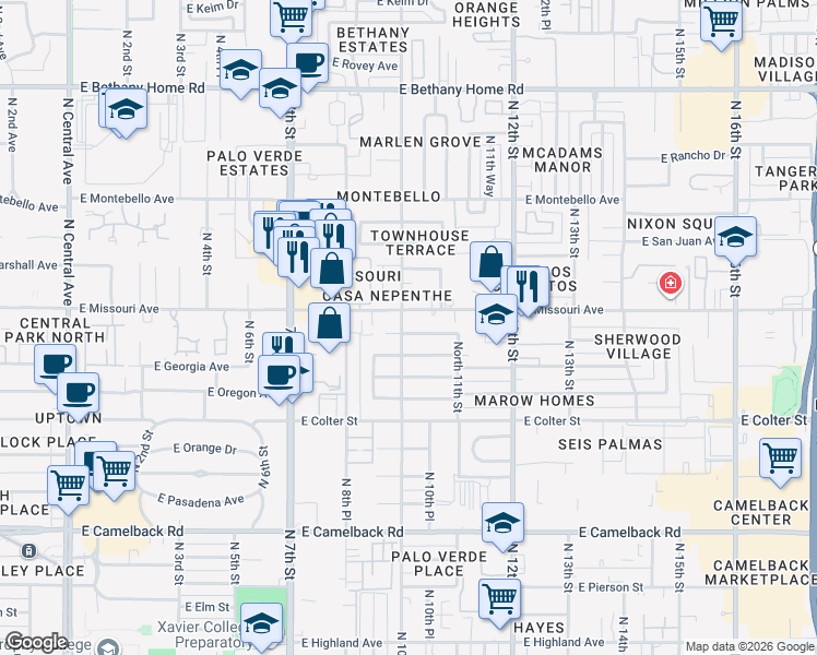 map of restaurants, bars, coffee shops, grocery stores, and more near 1002 East Denton Lane in Phoenix