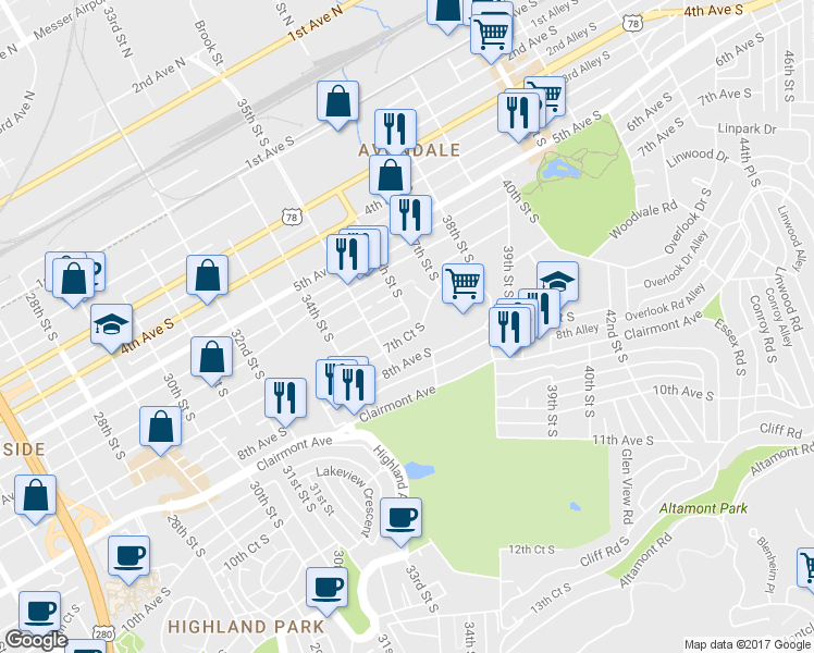 map of restaurants, bars, coffee shops, grocery stores, and more near 3526 7th Court South in Birmingham
