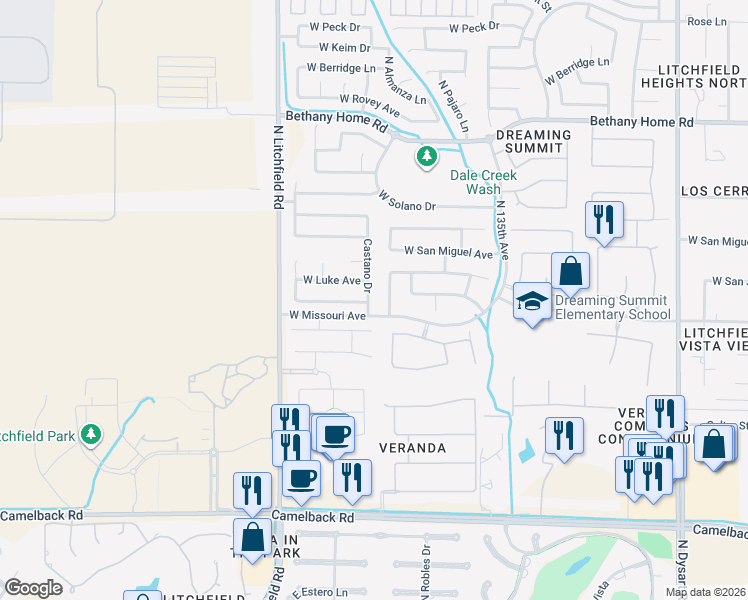 map of restaurants, bars, coffee shops, grocery stores, and more near 5513 Castano Drive in Litchfield Park