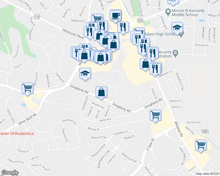 map of restaurants, bars, coffee shops, grocery stores, and more near 110 Kelly Drive in Aiken